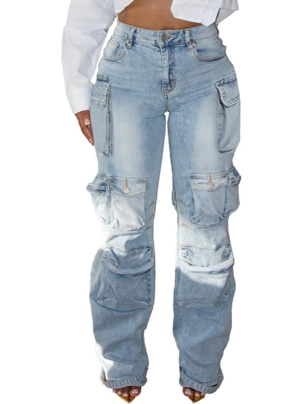 Women's Blue Denim Distressed Rhinestone Y2k High Waisted Wide Leg Cargo Jean